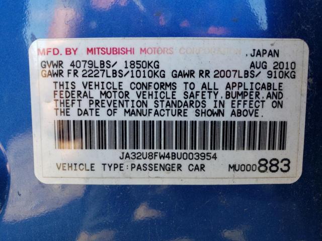 JA32U8FW4BU003954 - 2011 MITSUBISHI LANCER GTS BLUE photo 12