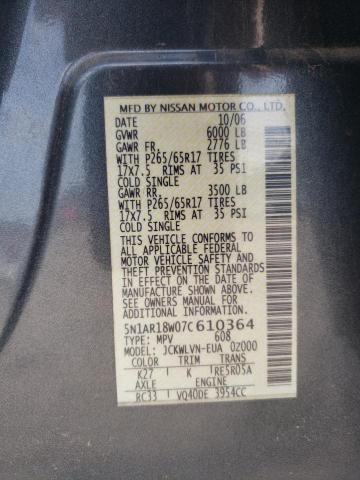 5N1AR18W07C610364 - 2007 NISSAN PATHFINDER LE 灰色 照片 13