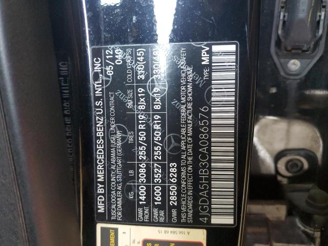 4JGDA5HB3CA086576 - 2012 MERCEDES-BENZ ML 350 4MATIC BLACK photo 13