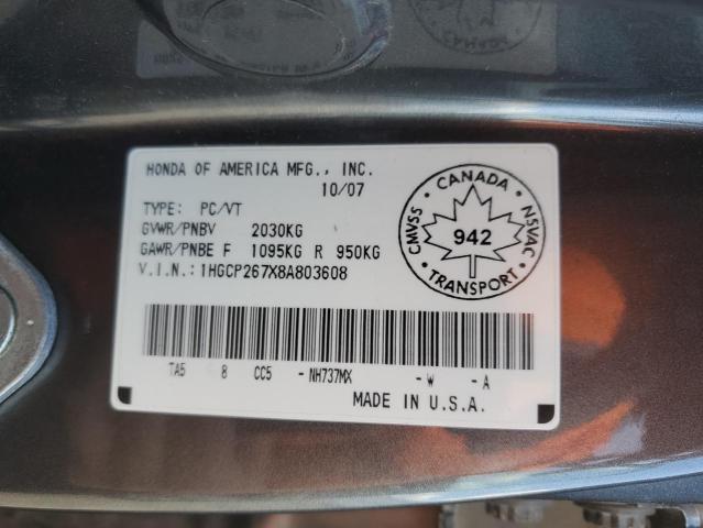 1HGCP267X8A803608 - 2008 HONDA ACCORD EX GRAY photo 12