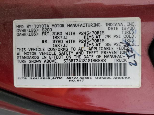 5TBRT34181S166888 - 2001 TOYOTA TUNDRA ACCESS CAB MAROON photo 12