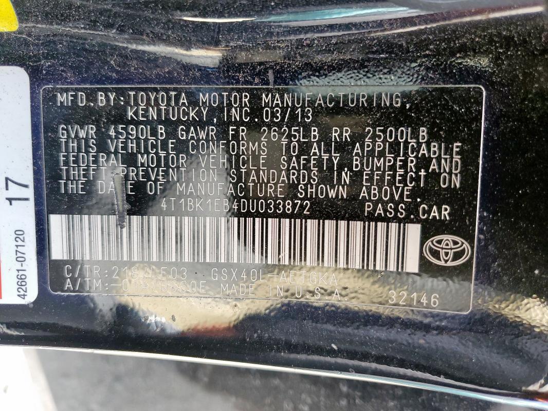 4T1BK1EB4DU033872 - 2013 TOYOTA AVALON BASE 黑色 照片 12