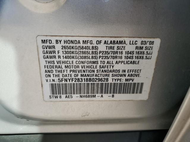 5FNYF28318B029628 - 2008 HONDA PILOT SE SILVER photo 12