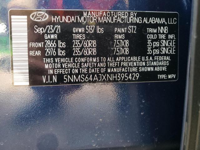 5NMS64AJXNH395429 - 2022 HYUNDAI SANTA FE SEL Կապույտ լուսանկար 10