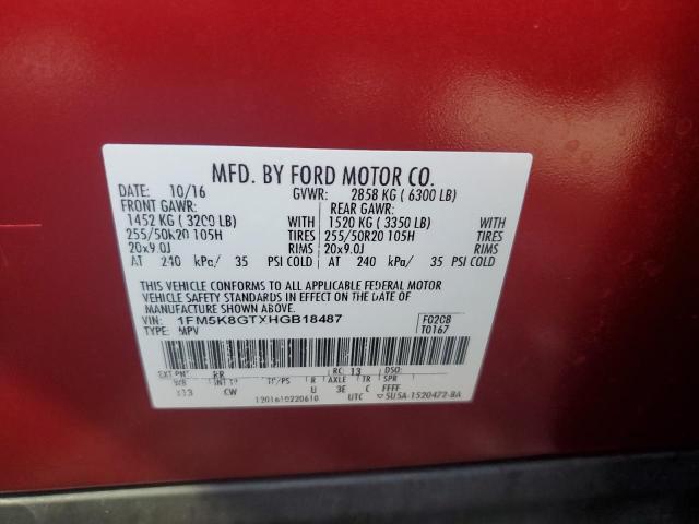 1FM5K8GTXHGB18487 - 2017 FORD EXPLORER SPORT RED photo 13