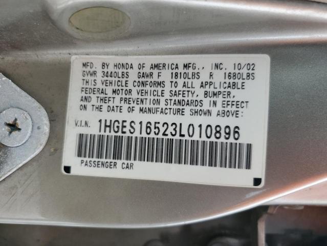 1HGES16523L010896 - 2003 HONDA CIVIC LX GRAY photo 12