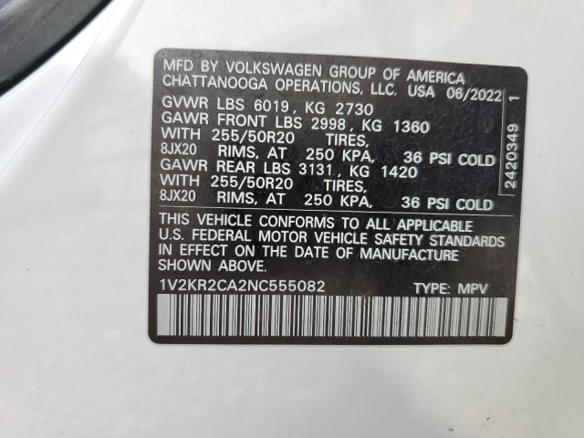 1V2KR2CA2NC555082 - 2022 VOLKSWAGEN ATLAS SE Biały zdjęcie 13