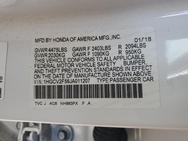 1HGCV2F56JA011207 - 2018 HONDA ACCORD EXL 白色 照片 12