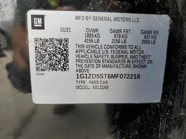 1G1ZD5ST6MF072218 - 2021 CHEVROLET MALIBU LT BLACK photo 12