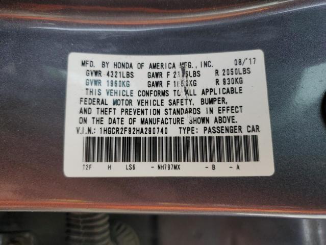1HGCR2F92HA290740 - 2017 HONDA ACCORD EXL GRAY photo 12