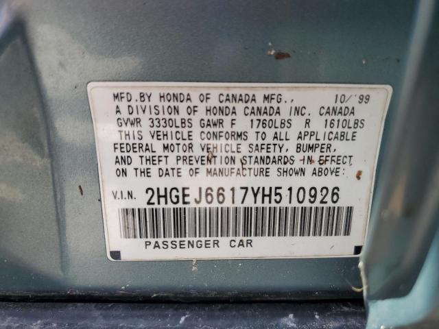 2HGEJ6617YH510926 - 2000 HONDA CIVIC BASE GRAY photo 13