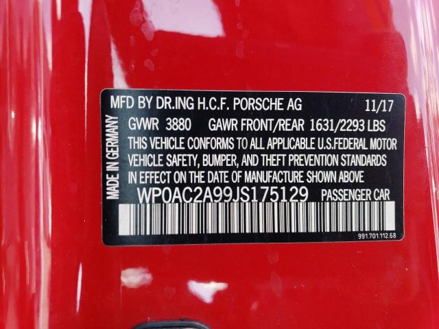 WP0AC2A99JS175129 - 2018 PORSCHE 911 GT3 RED photo 12
