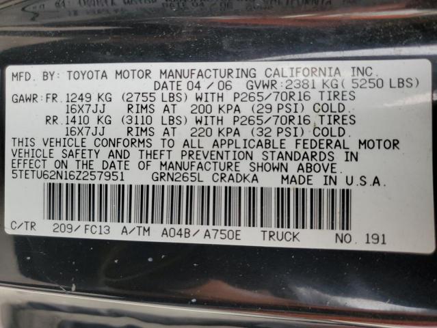 5TETU62N16Z257951 - 2006 TOYOTA TACOMA PRERUNNER ACCESS CAB BLACK photo 12