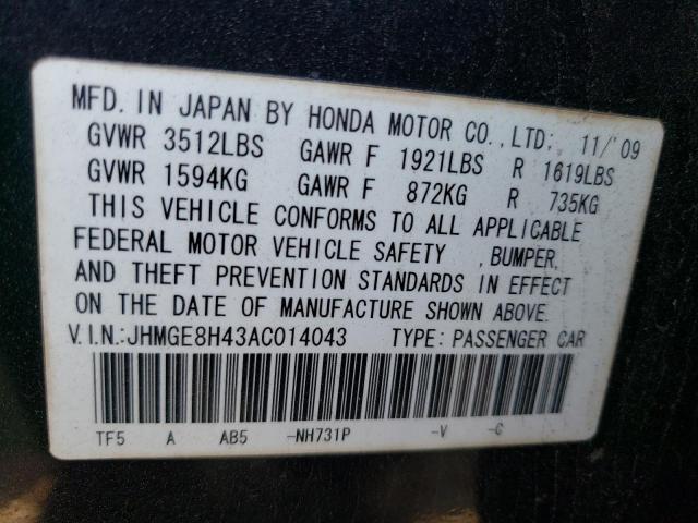 JHMGE8H43AC014043 - 2010 HONDA FIT SPORT BLACK photo 12