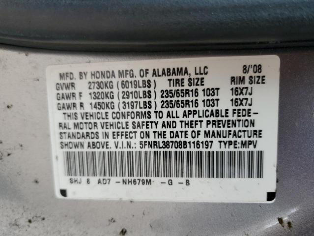 5FNRL38708B116197 - 2008 HONDA ODYSSEY EXL GRAY photo 14