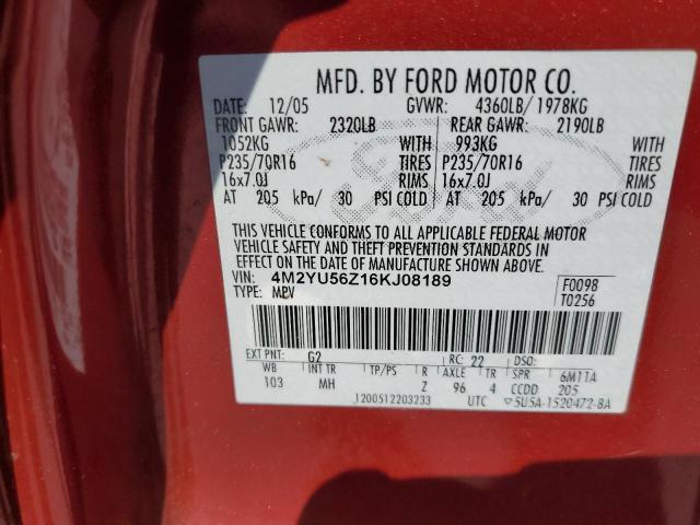 4M2YU56Z16KJ08189 - 2006 MERCURY MARINER RED photo 13