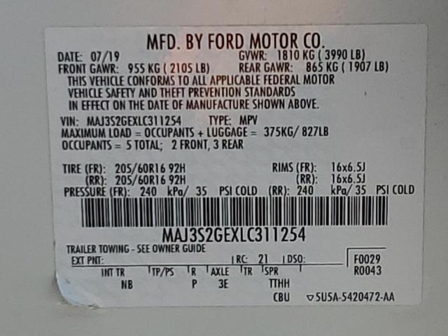 MAJ3S2GEXLC311254 - 2020 FORD ECOSPORT SE WHITE photo 13