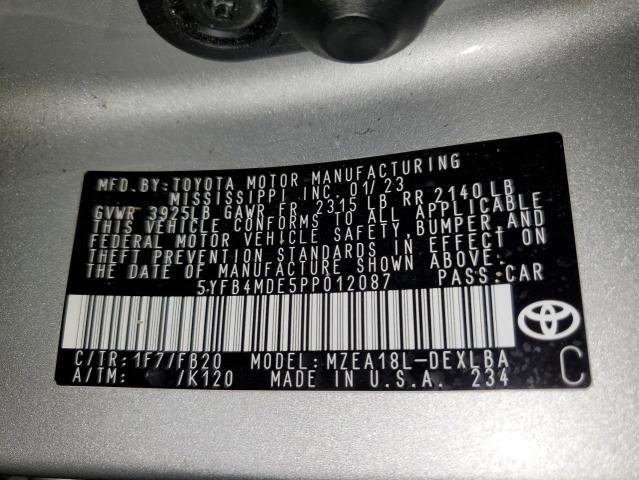 5YFB4MDE5PP012087 - 2023 TOYOTA COROLLA LE SILVER photo 12