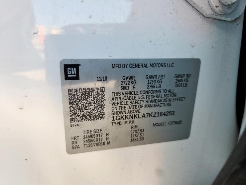 1GKKNKLA7KZ184253 - 2019 GMC ACADIA SLE WHITE photo 13