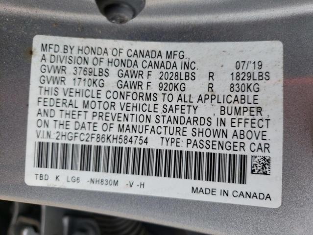 2HGFC2F86KH584754 - 2019 HONDA CIVIC SPORT Gümüş foto 12