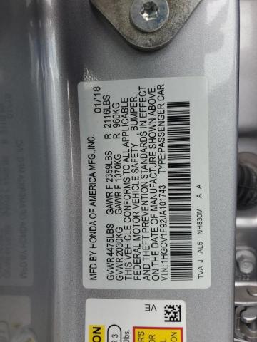 1HGCV1F92JA101743 - 2018 HONDA ACCORD TOURING SILVER photo 12