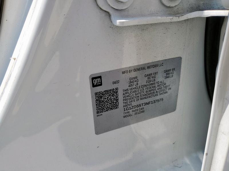 1G1ZD5ST3NF137575 - 2022 CHEVROLET MALIBU LT WHITE photo 12