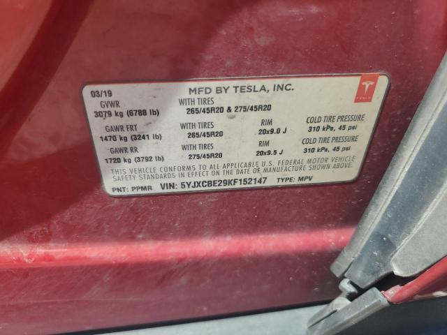 5YJXCBE29KF152147 - 2019 TESLA MODEL X 红色 照片 13