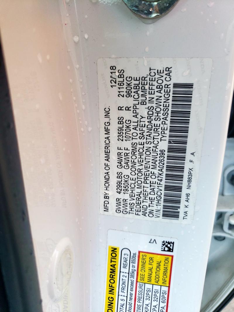 1HGCV1F47KA026396 - 2019 HONDA ACCORD EX 白色 照片 13