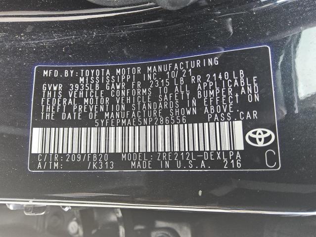 5YFEPMAE5NP286556 - 2022 TOYOTA COROLLA LE 黑色 照片 12