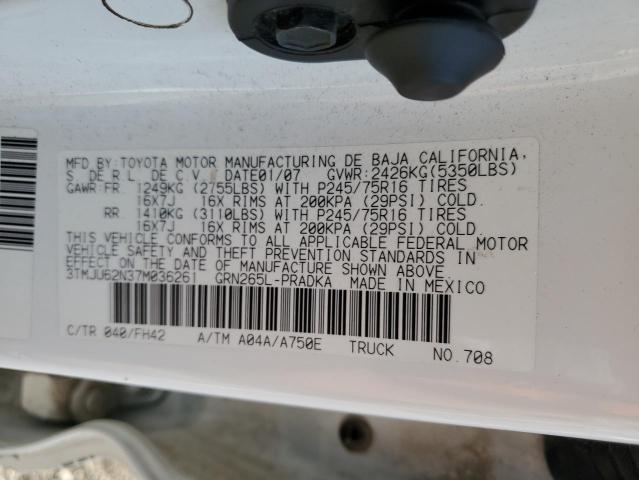 3TMJU62N37M036261 - 2007 TOYOTA TACOMA DOUBLE CAB PRERUNNER WHITE photo 12