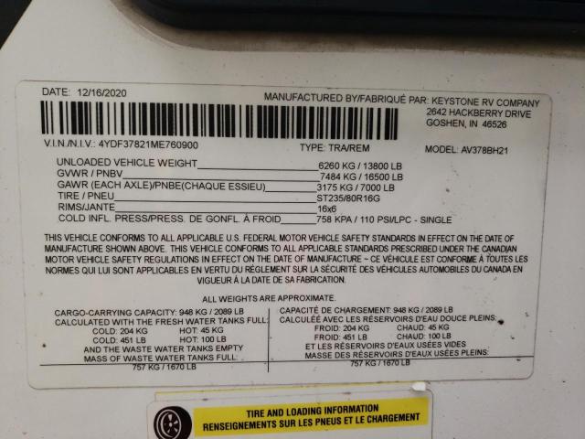 4YDF37821ME760900 - 2021 KEYSTONE AVALANCHE თეთრი ფოტო 10