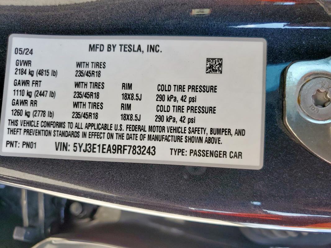 5YJ3E1EA9RF783243 - 2024 TESLA MODEL 3 Qara foto 12