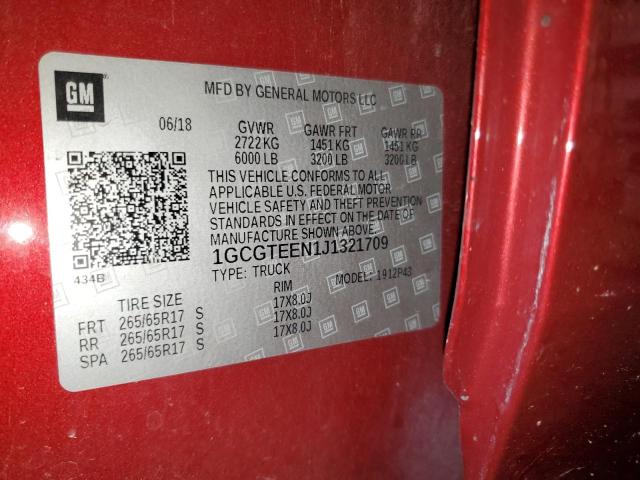 1GCGTEEN1J1321709 - 2018 CHEVROLET COLORADO ZR2 BURGUNDY photo 12
