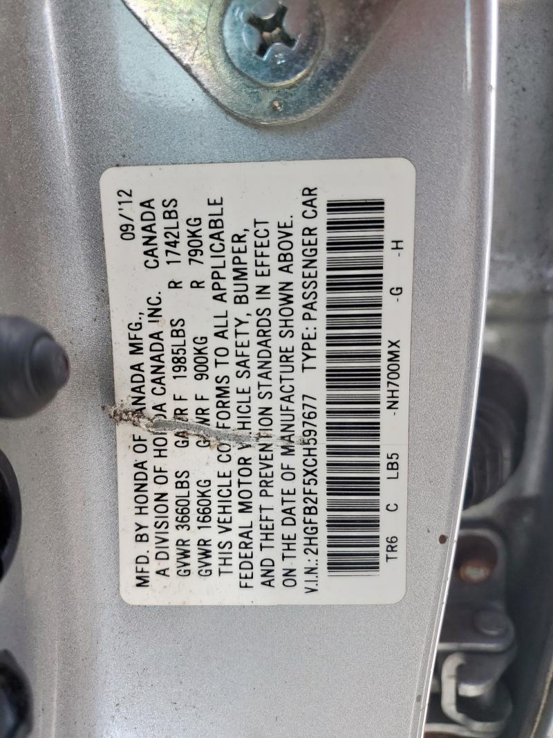 2HGFB2F5XCH597677 - 2012 HONDA CIVIC LX ვერცხლისფერი ფოტო 12