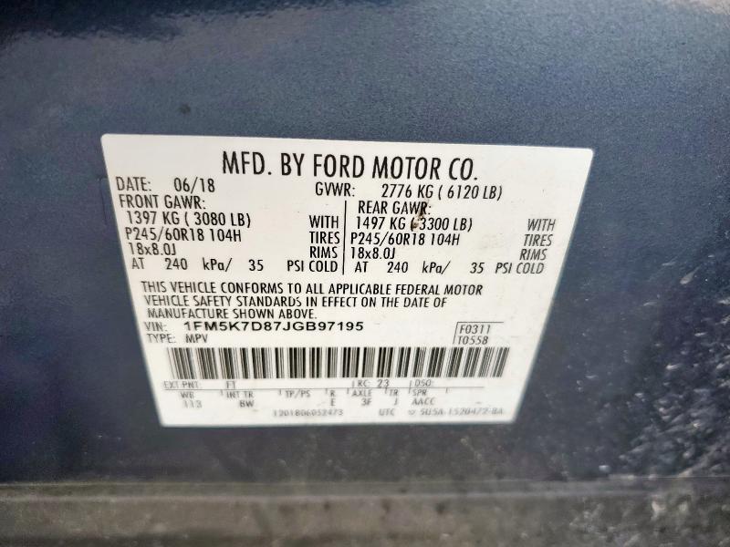 1FM5K7D87JGB97195 - 2018 FORD EXPLORER XLT BLUE photo 13