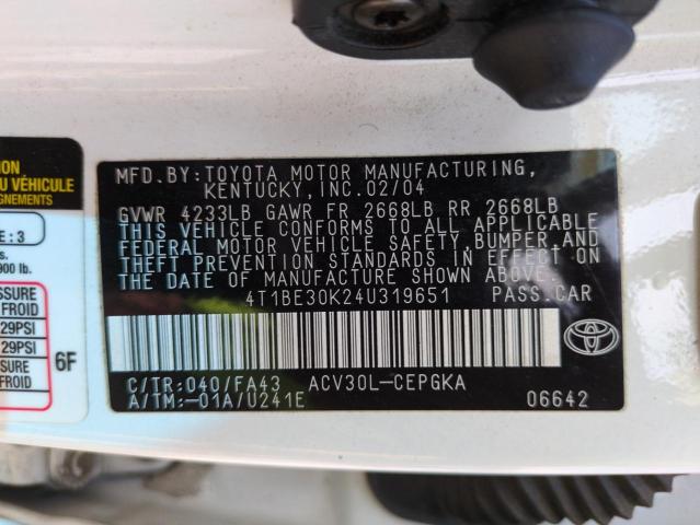 4T1BE30K24U319651 - 2004 TOYOTA CAMRY LE WHITE photo 12