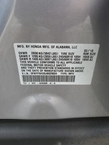 5FNYF6H39JB029034 - 2018 HONDA PILOT EX SILVER photo 13