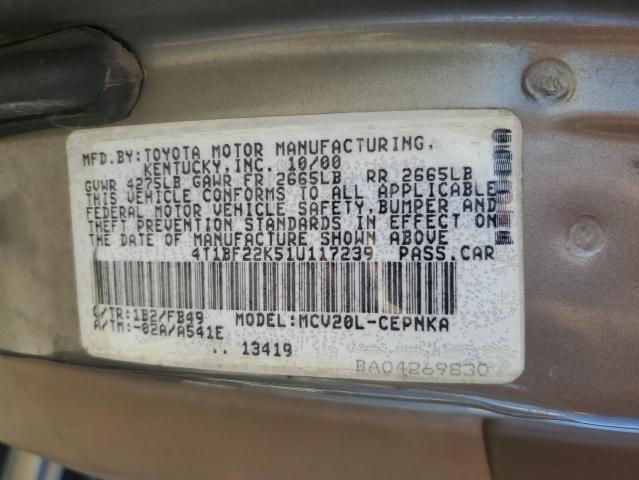 4T1BF22K51U117239 - 2001 TOYOTA CAMRY LE TAN photo 12