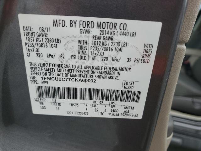 1FMCU0C77CKA60002 - 2012 FORD ESCAPE XLS GRAY photo 12