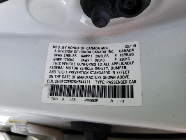 2HGFC2F82KH544171 - 2019 HONDA CIVIC SPORT თეთრი ფოტო 12