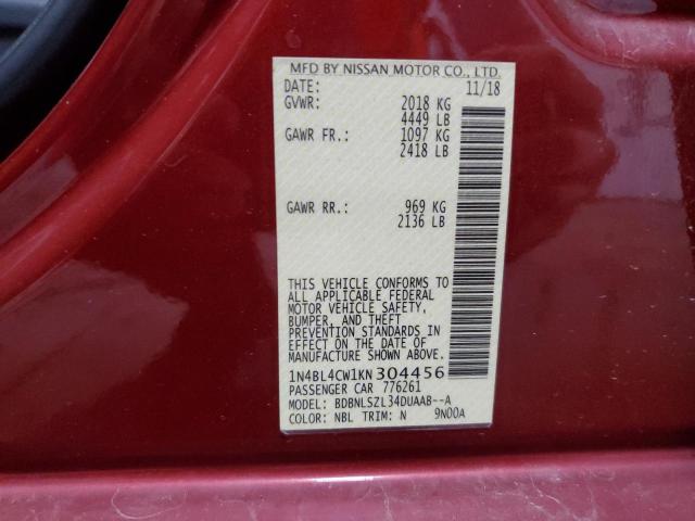 1N4BL4CW1KN304456 - 2019 NISSAN ALTIMA SR 红色 照片 13
