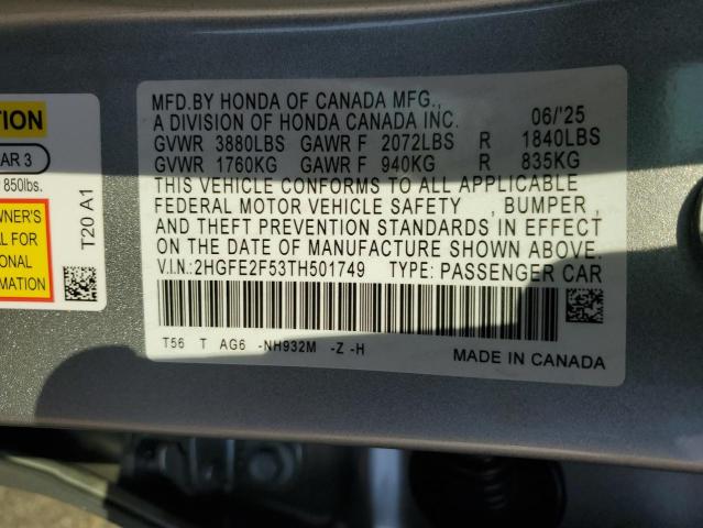 2HGFE2F53TH501749 - 2026 HONDA CIVIC SPORT 银色 照片 12