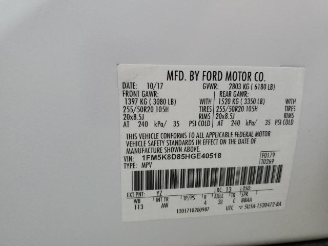 1FM5K8D85HGE40518 - 2017 FORD EXPLORER XLT WHITE photo 14