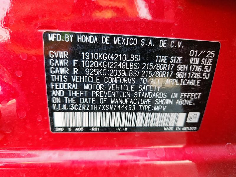 3CZRZ1H7XSM744493 - 2025 HONDA HR-V EXL RED photo 13