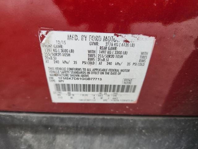 1FM5K7D81GGB77713 - 2016 FORD EXPLORER XLT BURGUNDY photo 13