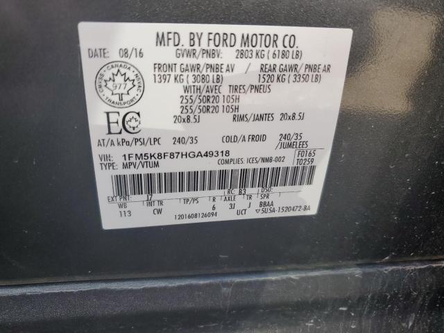 1FM5K8F87HGA49318 - 2017 FORD EXPLORER LIMITED GRAY photo 14