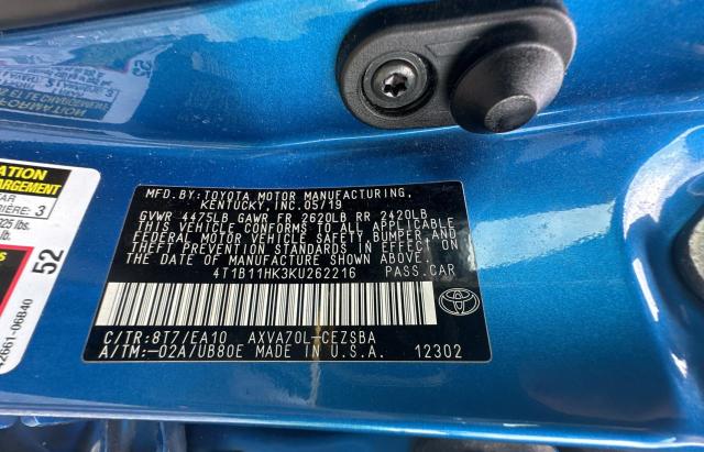 4T1B11HK3KU262216 - 2019 TOYOTA CAMRY L BLUE photo 10