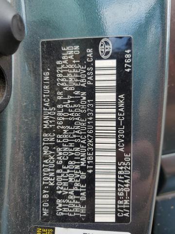 4T1BE32K76U143731 - 2006 TOYOTA CAMRY LE GREEN photo 12