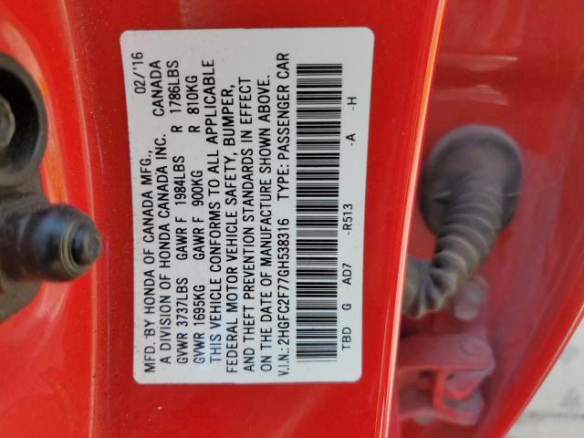 2HGFC2F77GH538316 - 2016 HONDA CIVIC EX RED photo 12
