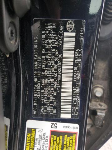 4T1B11HK8KU207096 - 2019 TOYOTA CAMRY L BLACK photo 12